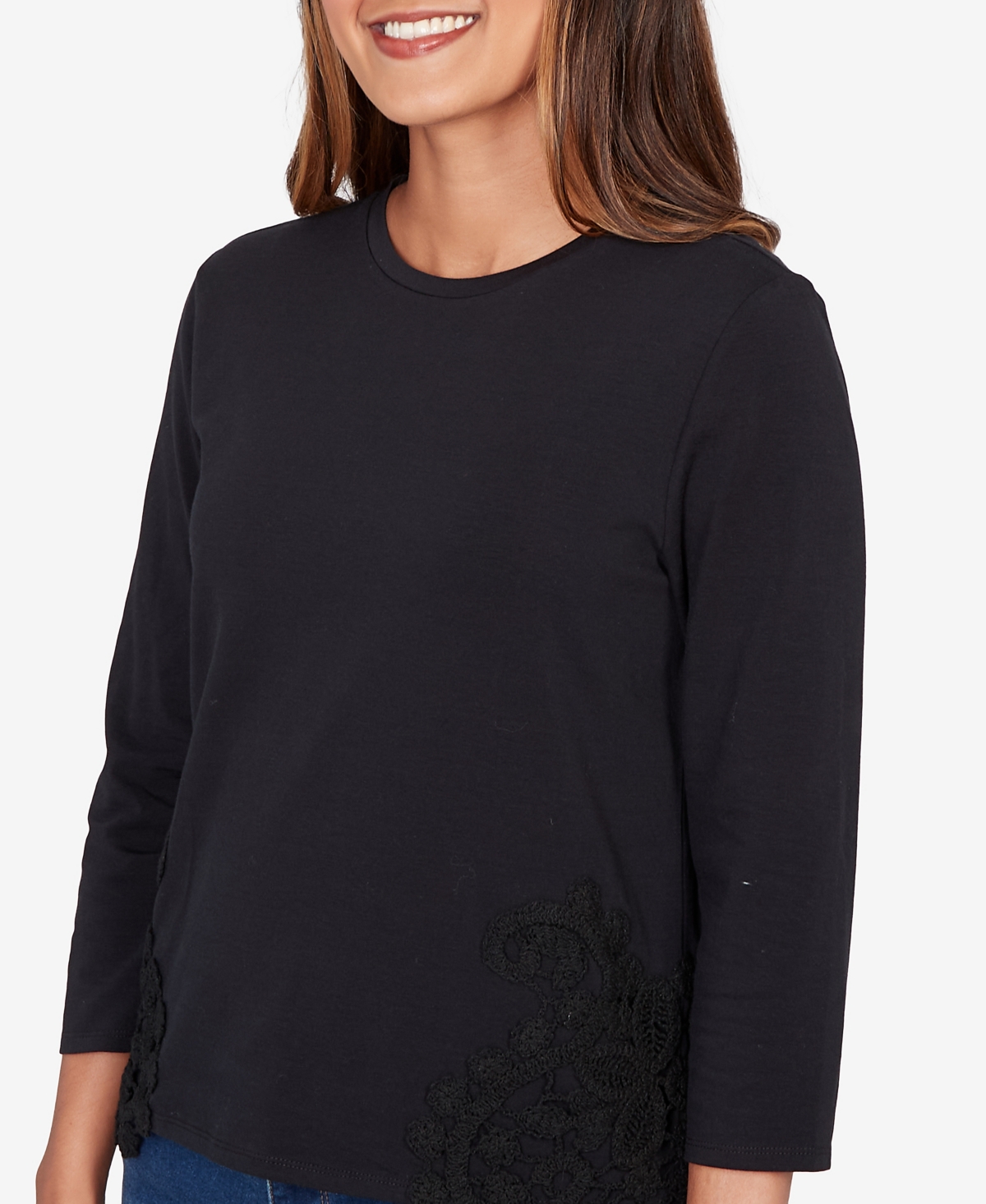 Ruby Rd. Petite Crochet Applique Stretch Knit Top