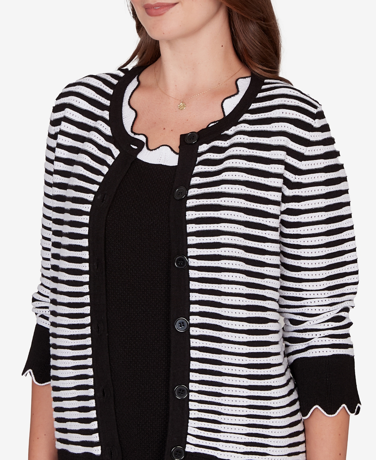 Ruby Rd. Petite Scallop Trim Striped Button Cardigan Sweater