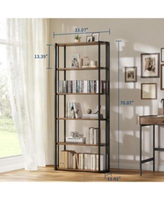 6-Tier Wooden Bookshelf, 71" Industrial Tall Bookcase with Metal Frame, Large Open Storage Shelf for Living Room, Bedroom, Office