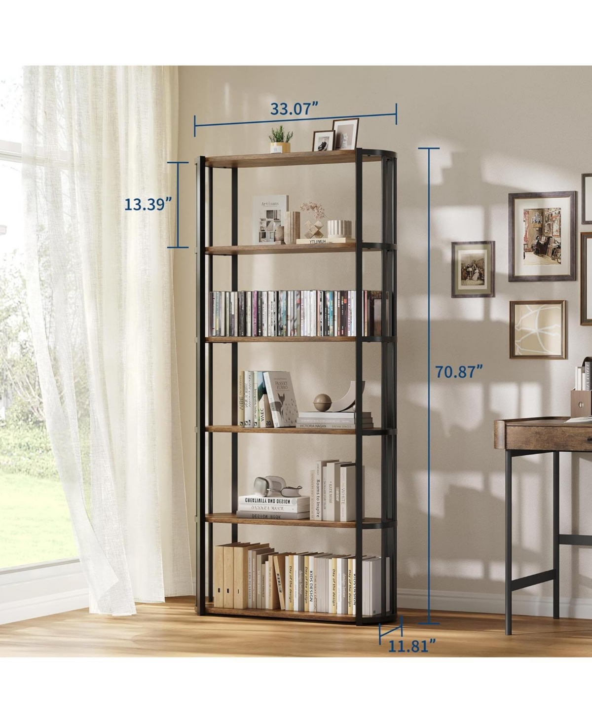 gaomon 6-Tier Wooden Bookshelf, 71" Industrial Tall Bookcase with Metal Frame, Large Open Storage Shelf for Living Room, Bedroom, Office