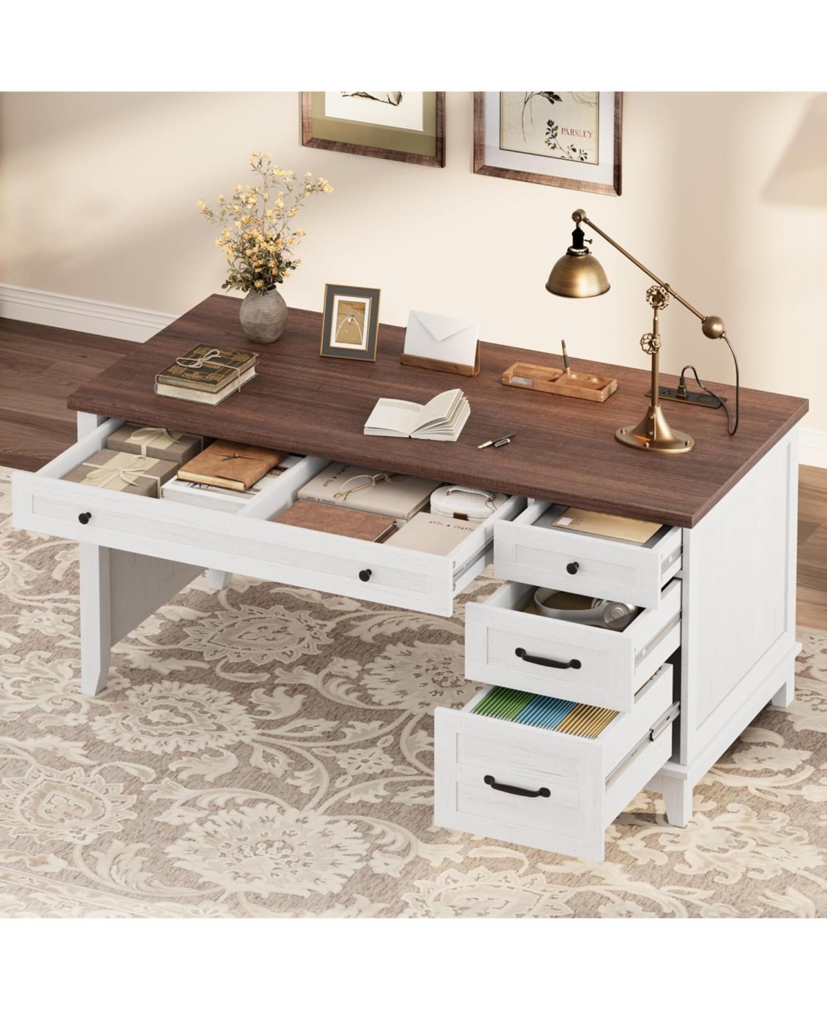 gaomon 53.5" Farmhouse Executive Desk with File Drawers, Charging Station, Computer Desk with Storage, Home Office Writing Table