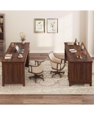53.5" Farmhouse Executive Desk with File Drawers, Charging Station, Computer Desk with Storage, Home Office Writing Table