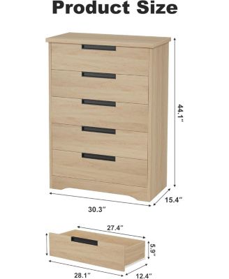 Dresser, 5-Drawer, Natural Wood, Embedded Handles, Chest of Drawers Organizer for Bedroom, Living Room, Nursery, Hallway