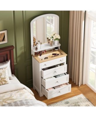 White Dresser with Mirror, 4 Drawer Storage Cabinet with Crystal Knobs for Bedroom, Living Room, Entryway