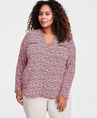 Plus Size Zip-Pocket V-Neck Long-Sleeve Top