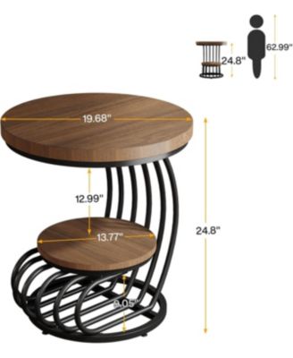 Round End Side Table: Side Table with 2 Tiers Storage Shelves, Vintage End Table