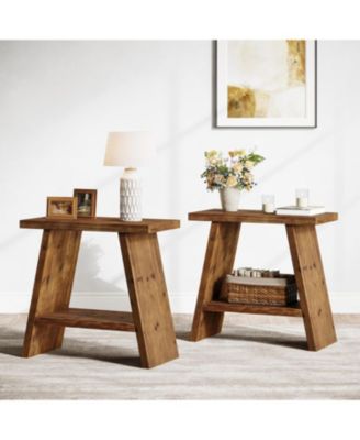 Solid Wood End Table Set of 2, Narrow Small Side Table with 2-Tier Storage