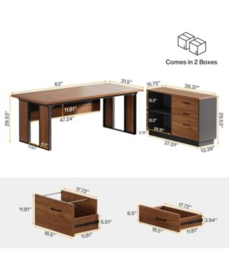63   L-Shaped Executive Desk, Office Table with 39.37-Inch Drawers Cabinet, Large Computer Desk