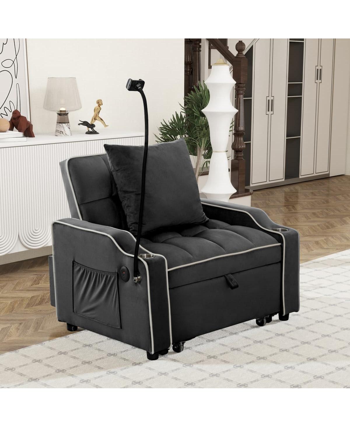 Maison Boucle 3-in-1 Convertible Velvet Chair Bed, Pull Out Sofa Sleeper with Usb, Cupholders & Phone Holder, 68.9'' Bed for Small Spaces