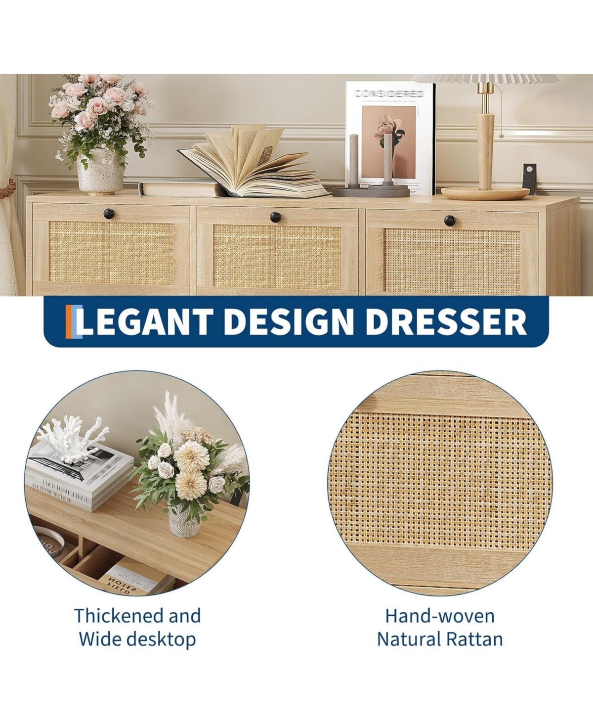 gaomon Rattan 7 Drawer Dresser for Bedroom Farmhouse Modern Dressers Chests of Drawers Storage Organizer