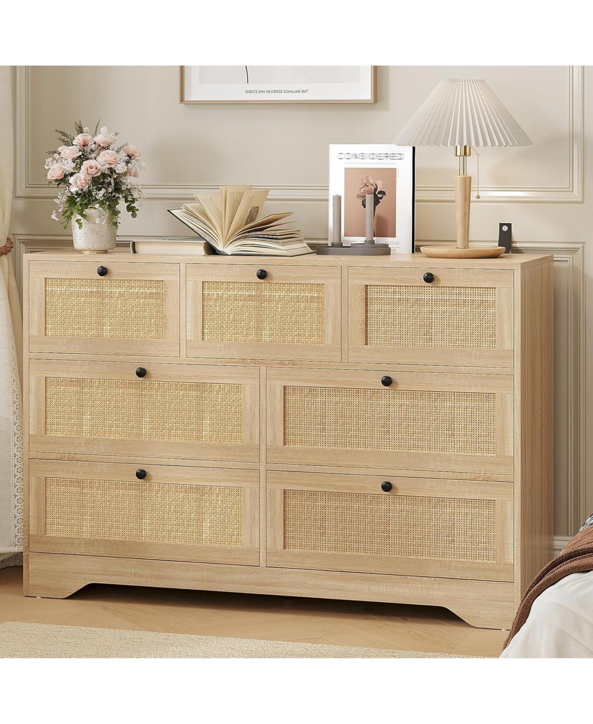 gaomon Rattan 7 Drawer Dresser for Bedroom Farmhouse Modern Dressers Chests of Drawers Storage Organizer
