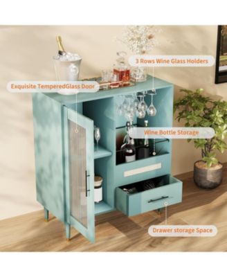 Modern Wine Bar Cabinet with Wine Glass Rack, Glass Door Display and Drawers, Coffee Bar & Liquor Cabinet with Storage, Buffet Sideboard Table