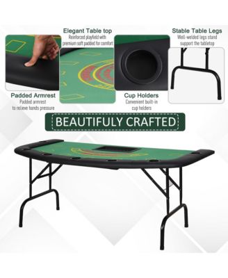 72Inch Foldable Poker Table with Professional Layout and Cup Holders for 7 Players Casino Style Green Felt Blackjack Table for Home Game Rooms