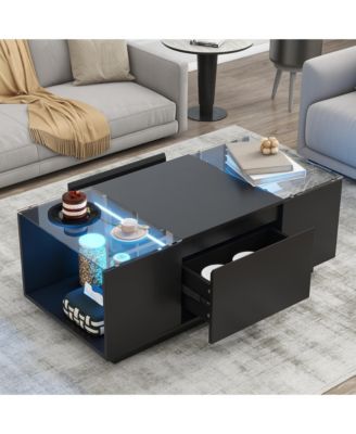 LED Coffee Table – Modern High-Gloss Center Table with Glass Top, Open Storage & 2 Hidden Drawers
