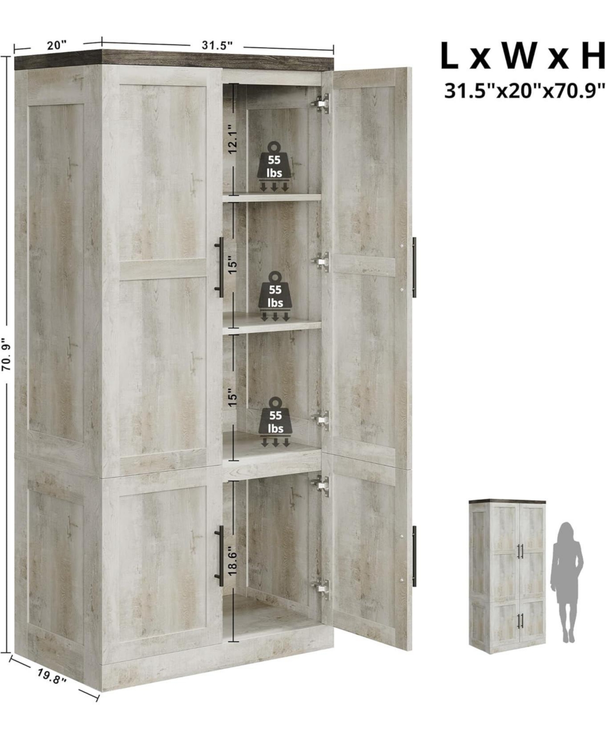 Likimio Rustic White Large Wardrobe Closet with Hanging Rod and 2 Doors