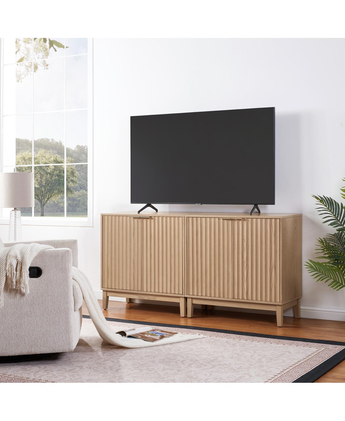 Lovmor 1 Pc. Natural Wood Fluted Design with Brass Handles Accent Cabinet