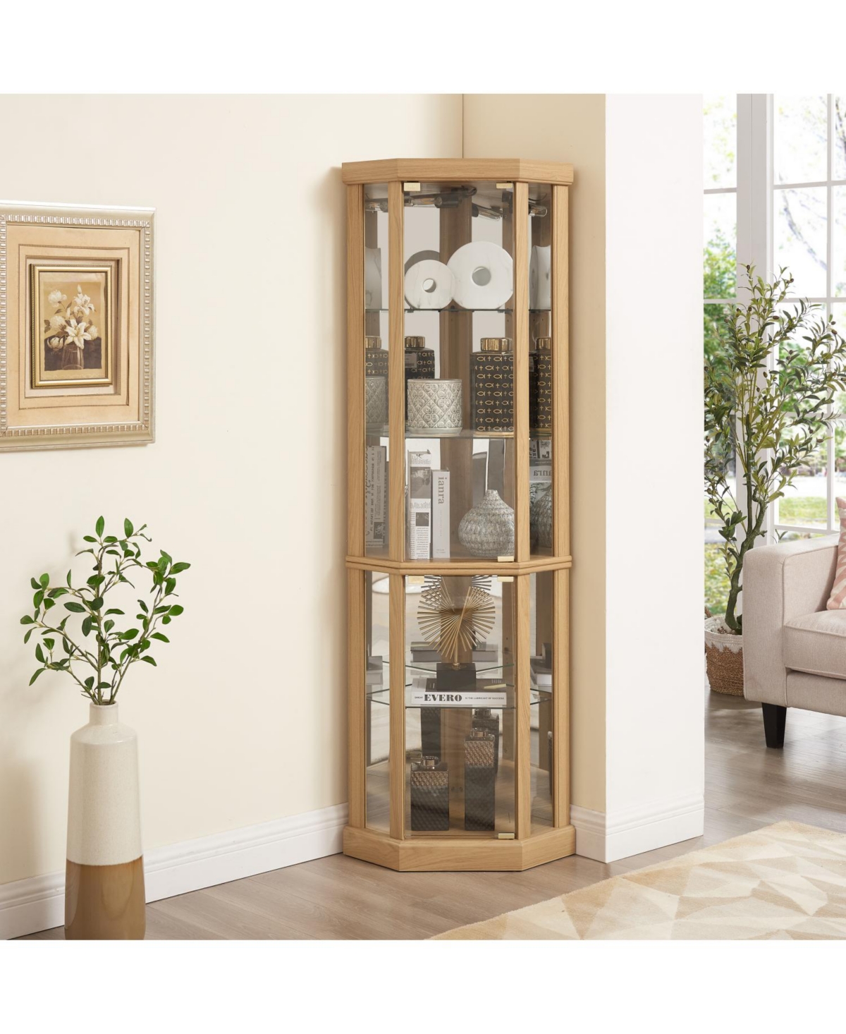 Streamdale Furniture Lighted Corner Curio Cabinet - Light Oak