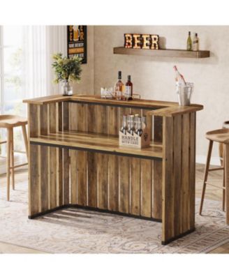 63-Inch Home Bar Unit, Farmhouse Liquor Bar Table with Storage Shelves, 2-Tier Wine Bar Cabinet Mini Bar Table, Rustic Brown