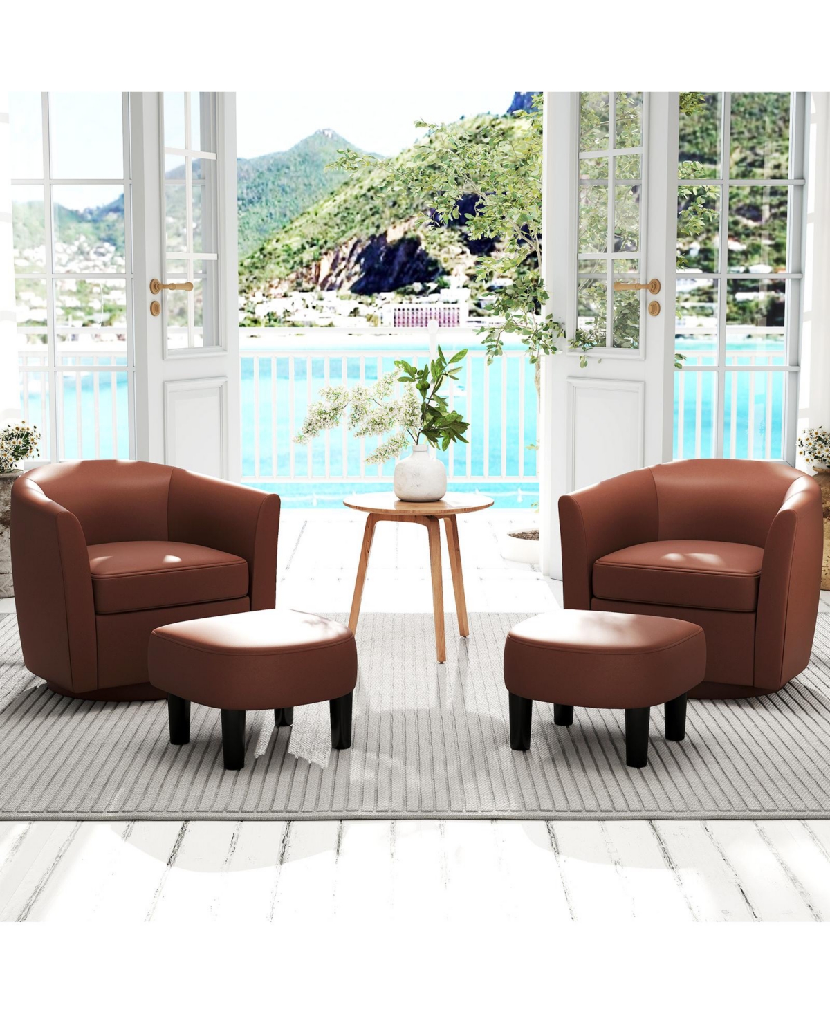 Swivel Barrel Chair with Ottoman Footrest Curved Backrest & Armrests Living Room