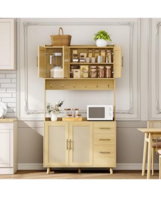 71" Kitchen Pantry Cabinet with Rattan Doors, 3 Drawers, 6 Hooks & Adjustable Shelves – Freestanding Storage Buffet, Natural