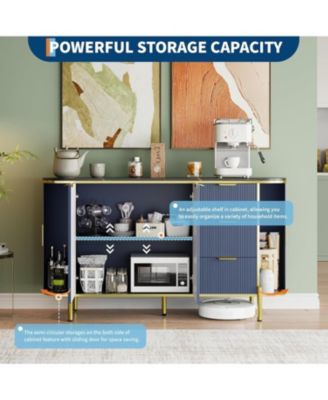 59in Blue Sideboard Buffet Cabinet, Modern Fluted TV Console with 3 Drawers & Adjustable Shelf for Kitchen, Dining & Living Room