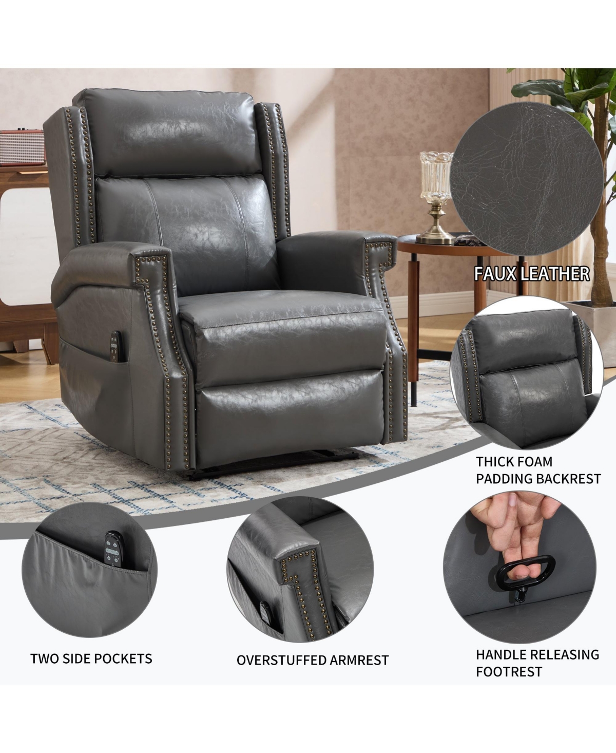 Boyel Living Faux Leather Manual Recliner Chair for Room with 8 Vibrating Nodes and 155-Degree Recline