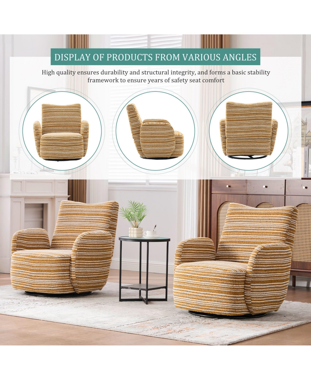 Boyel Living Modern 360° Swivel Leisure Chair Fabric Striped Armrest Swivel Chair for Living Room, Balcony and Bedroom