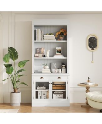 Elegant Glass Door Bookcase with Shelves and Drawer