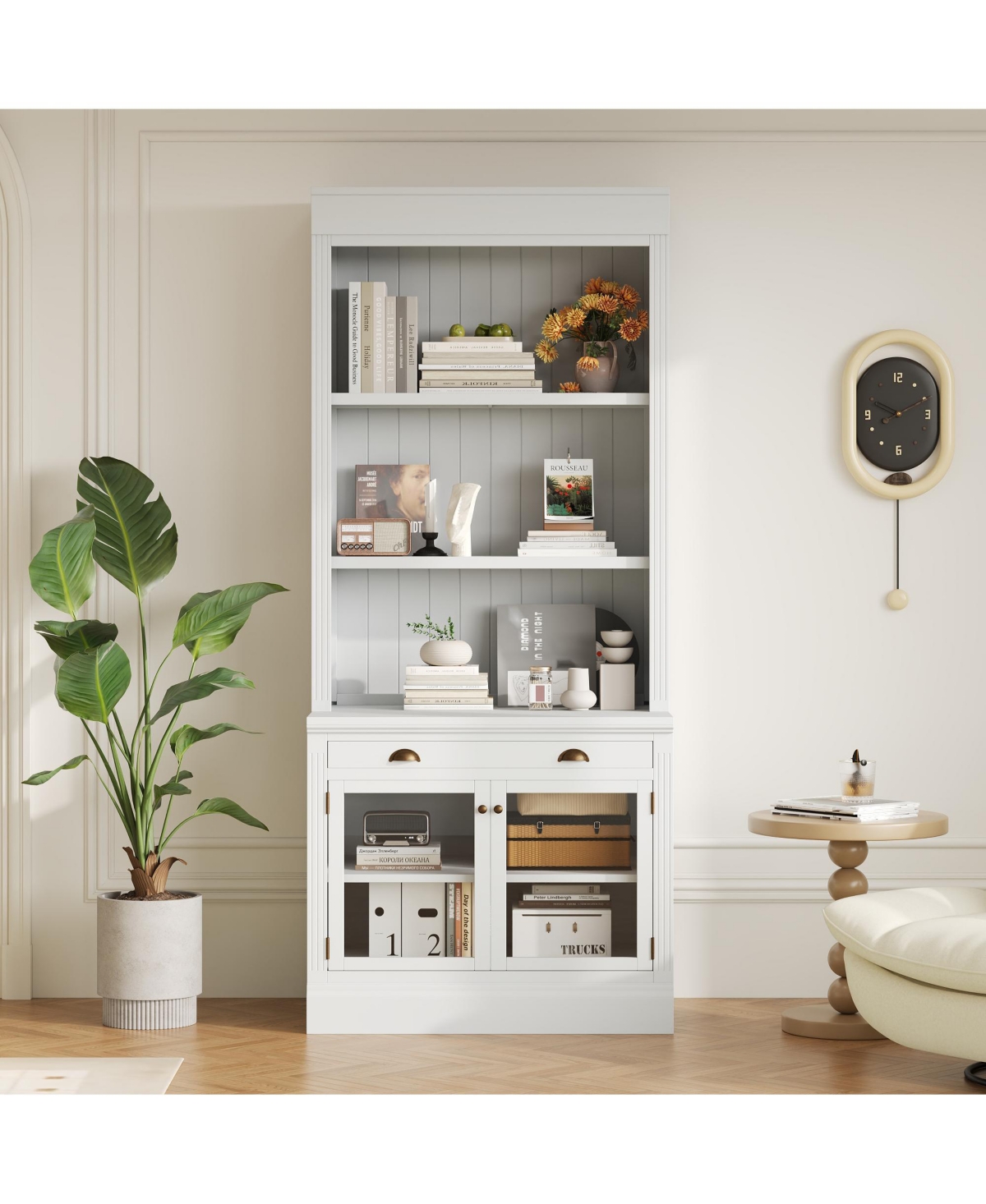 Lovmor Elegant Glass Door Bookcase with Shelves and Drawer