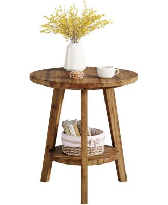 Solid Wood Round End Table, Sofa Side Table with Storage Shelf, Farmhouse Nightstand for Living Room, Bedroom