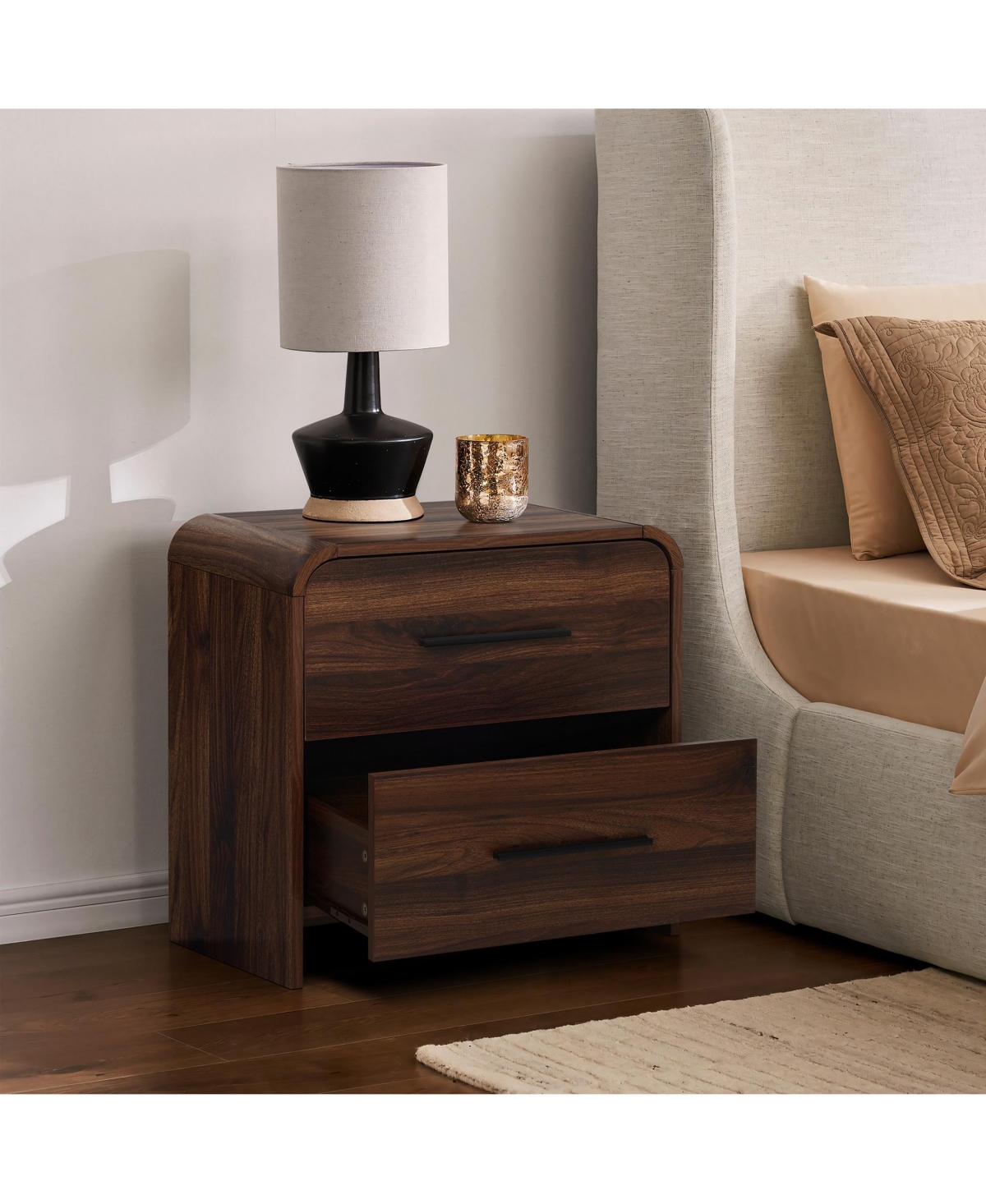 LuxenHome Walnut Finish 2-Drawer Nightstand & End Table, Engineered Wood with Rounded Corners
