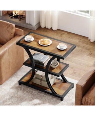 End Table with Storage Set of 2, 3-Tier Side Table with Geometric Metal Design, Industrial Nightstand