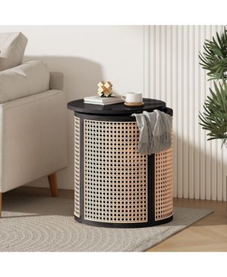 15.70" Round End Table, Hollow Woven Side Table, Small Rubber Wood Nightstand