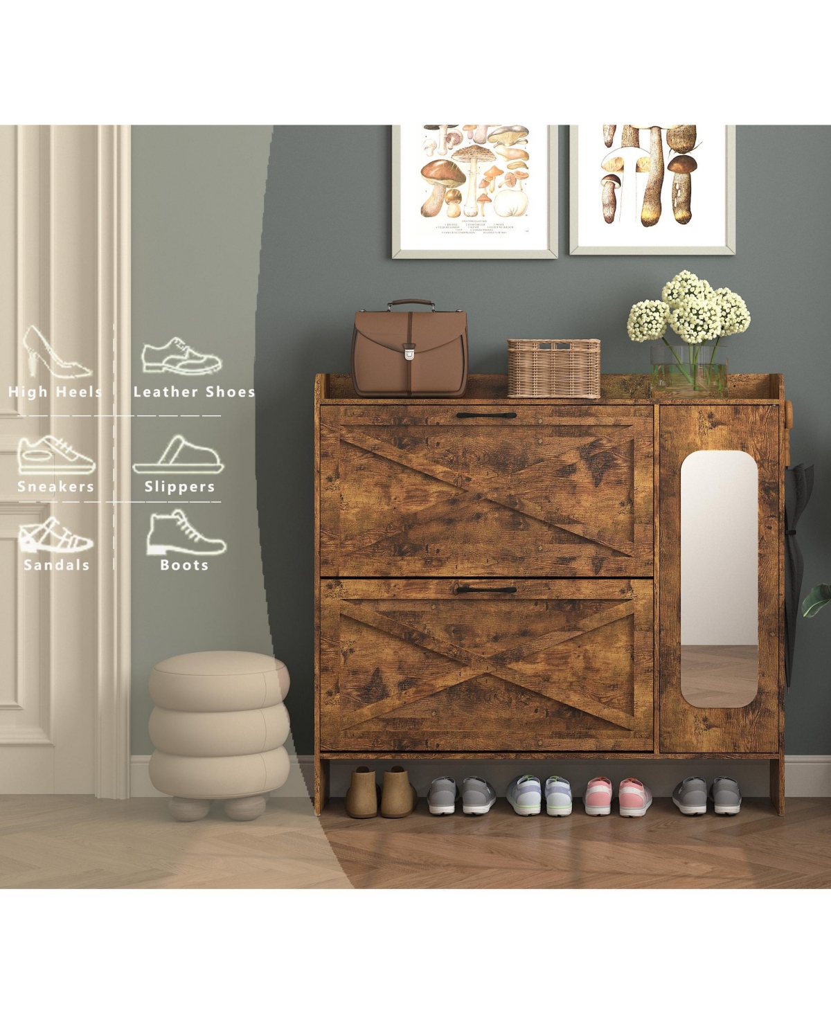 Lovmor Large Mirrored Shoe Cabinet Adjustable Flip Drawers Storage Bench Entryway Rack