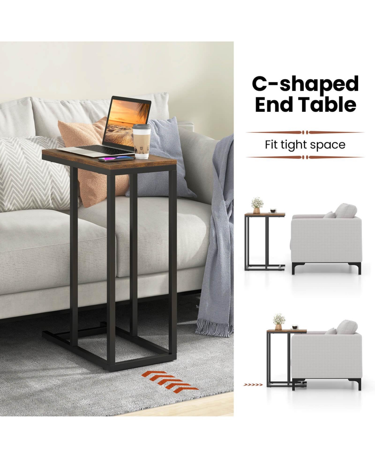 Costway C-shaped Side Table Industrial Sofa with Heavy-duty Metal Frame