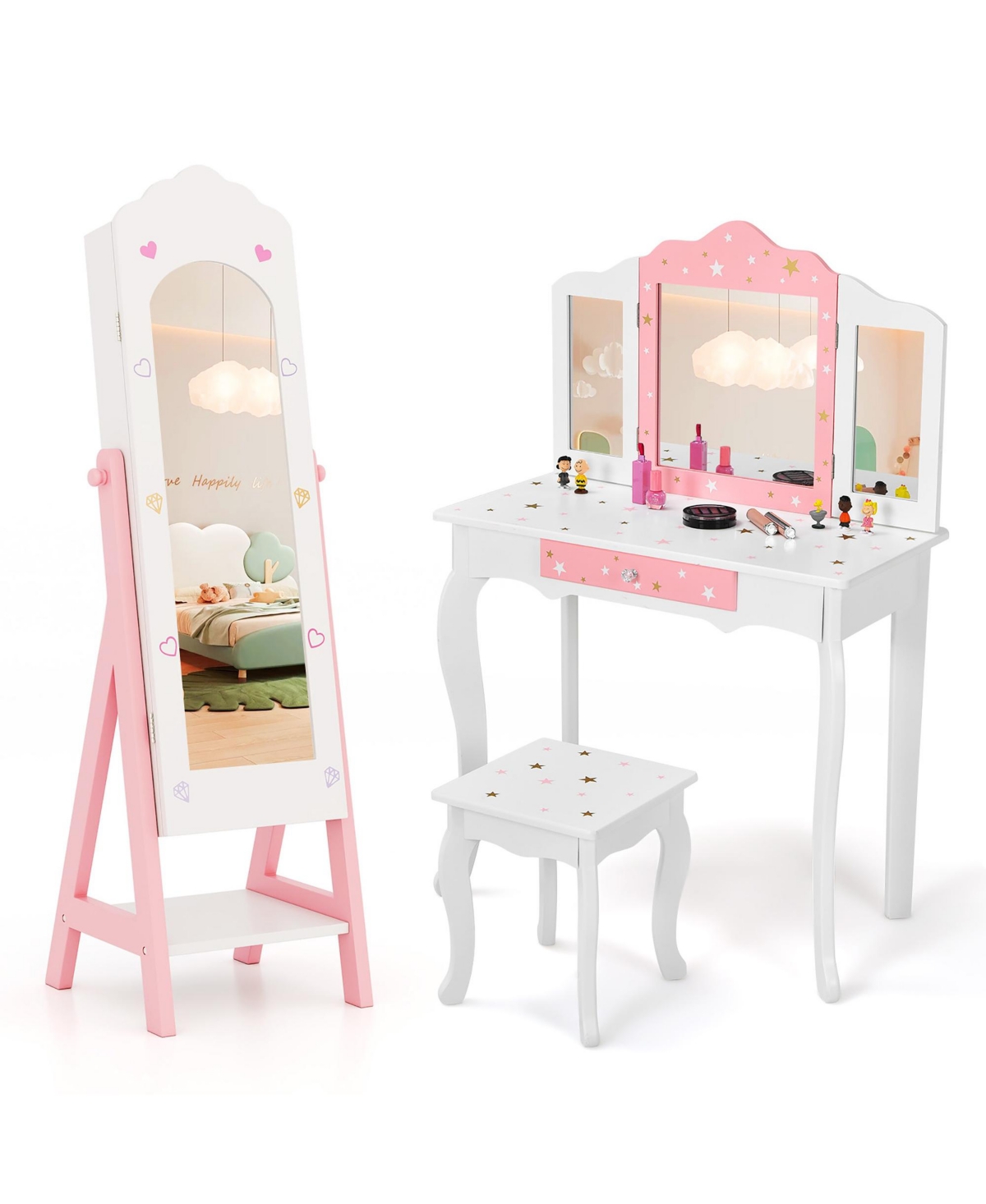 Gymax Kids Vanity Set Princess Makeup Dressing Table & Chair Set w/ Jewelry Armoire