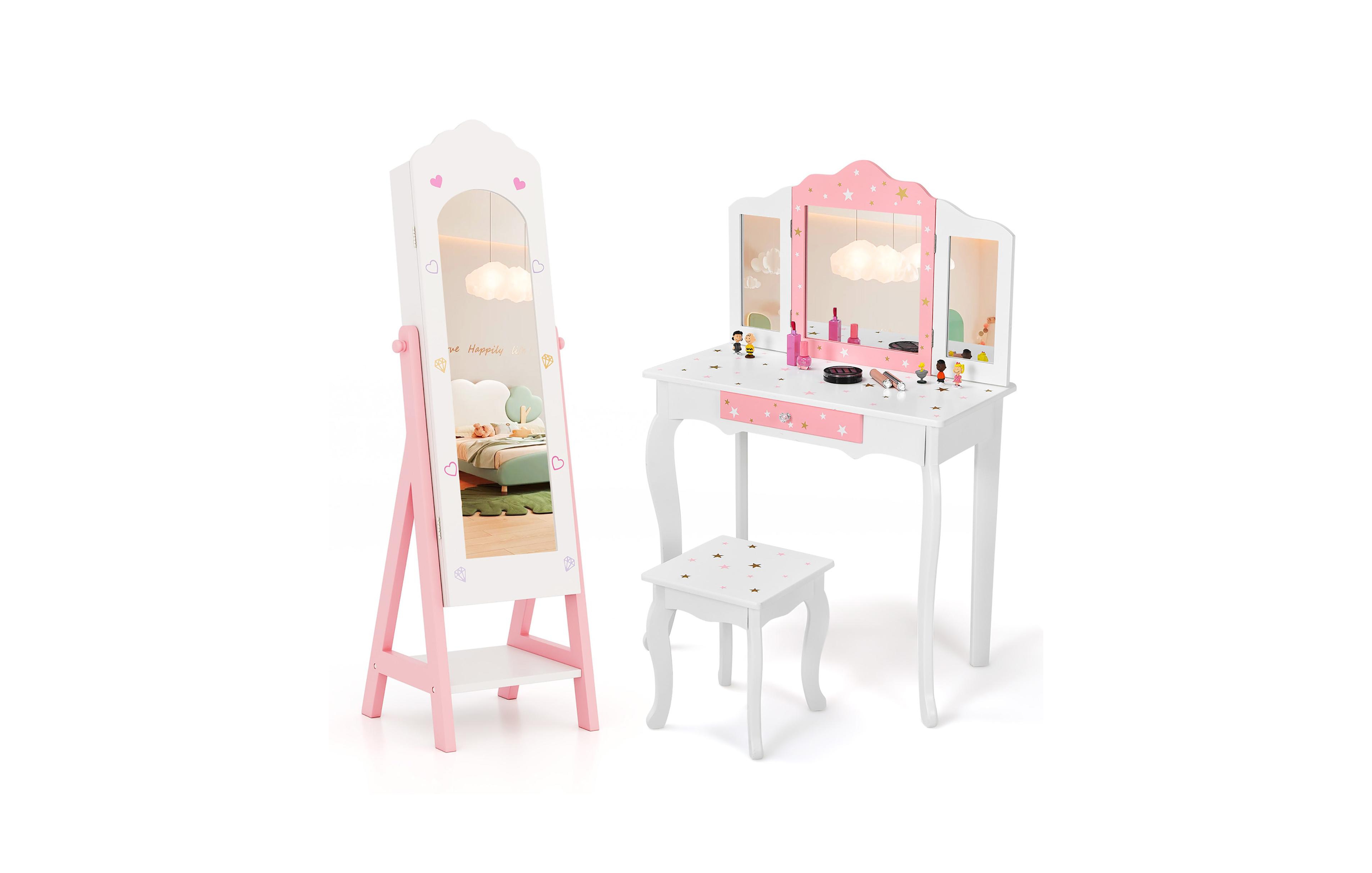 Gymax Kids Vanity Set Princess Makeup Dressing Table & Chair Set w/ Jewelry Armoire