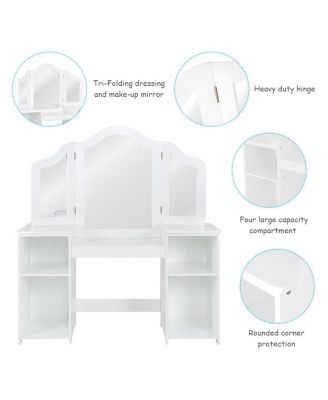 Vanity Table Set Makeup Dressing Kids Girls Study Table Tri Folding Mirror