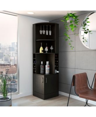 Corner Cabinet with 2 Doors 8 Bottle Cubbies 2 Shelves and 12 Wine Glass Rack