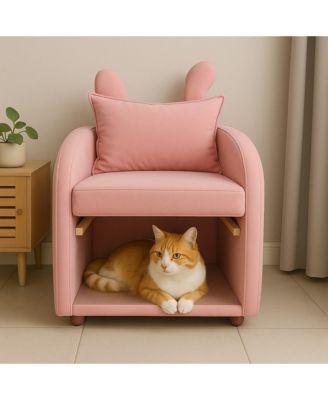 Velvet Pink Bunny-Ear Pet-Friendly Armchair with Built-in Cat & Dog Hideaway, Plush Dual-Use Sofa Chair