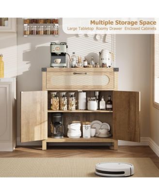 2Pcs Rattan Sideboard Buffet Cabinets with Storage, Farmhouse Kitchen Accent Storage Cabinet with Drawer