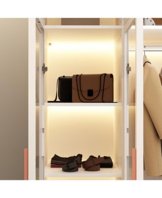 47 Inch W Glass Doors Armoires Metal Frame Wardwore with LED Lights, Hanging Rod (74.8 in. H x 19.2 in. D