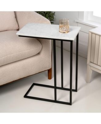 Caius 24.25" Designer Industrial Metal C-Shaped End Table and Side Couch Table with White Marble Top
