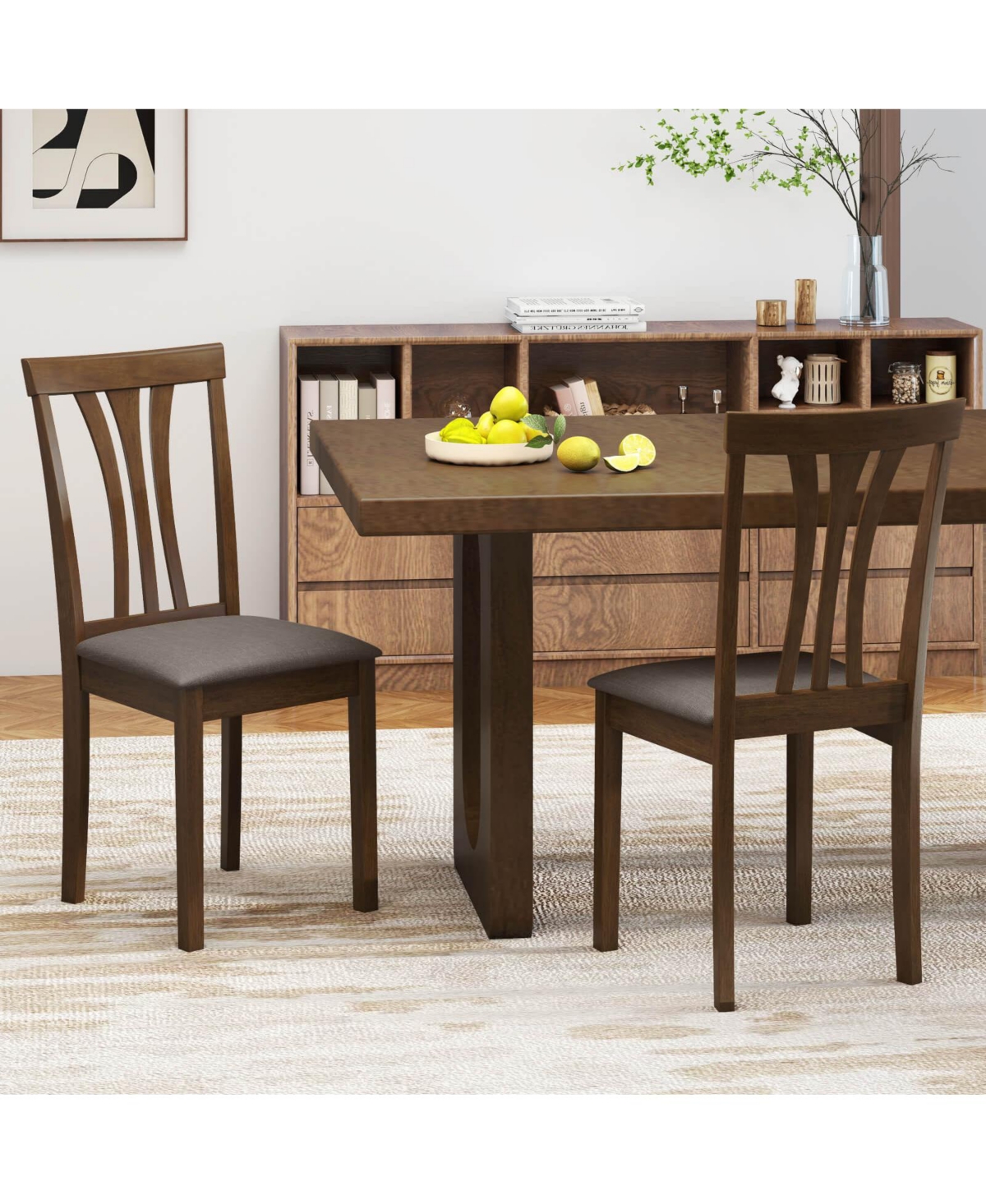 Costway Dining Chairs Set of 2 Linen Fabric Dining Room Chairs with Hollowed Backrests