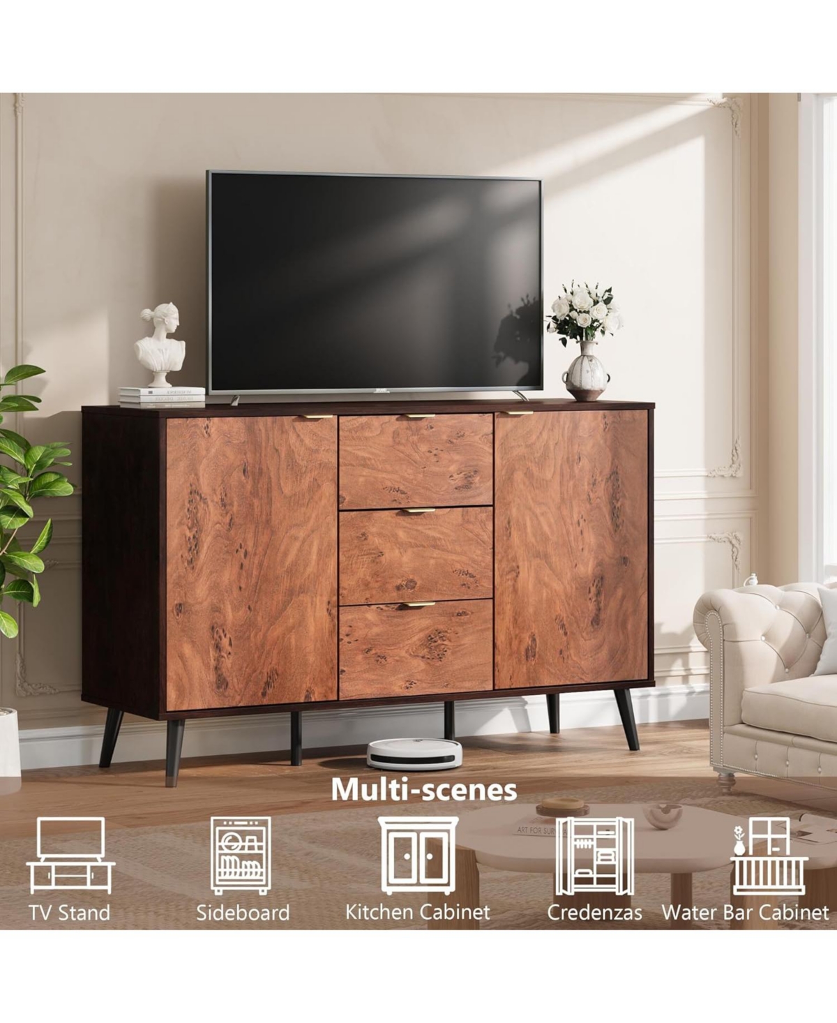 gaomon Sideboard Buffet Cabinet with 3 Drawers, Wooden Storage Cabinet with Burl Texture, Coffee Bar for Dining Room