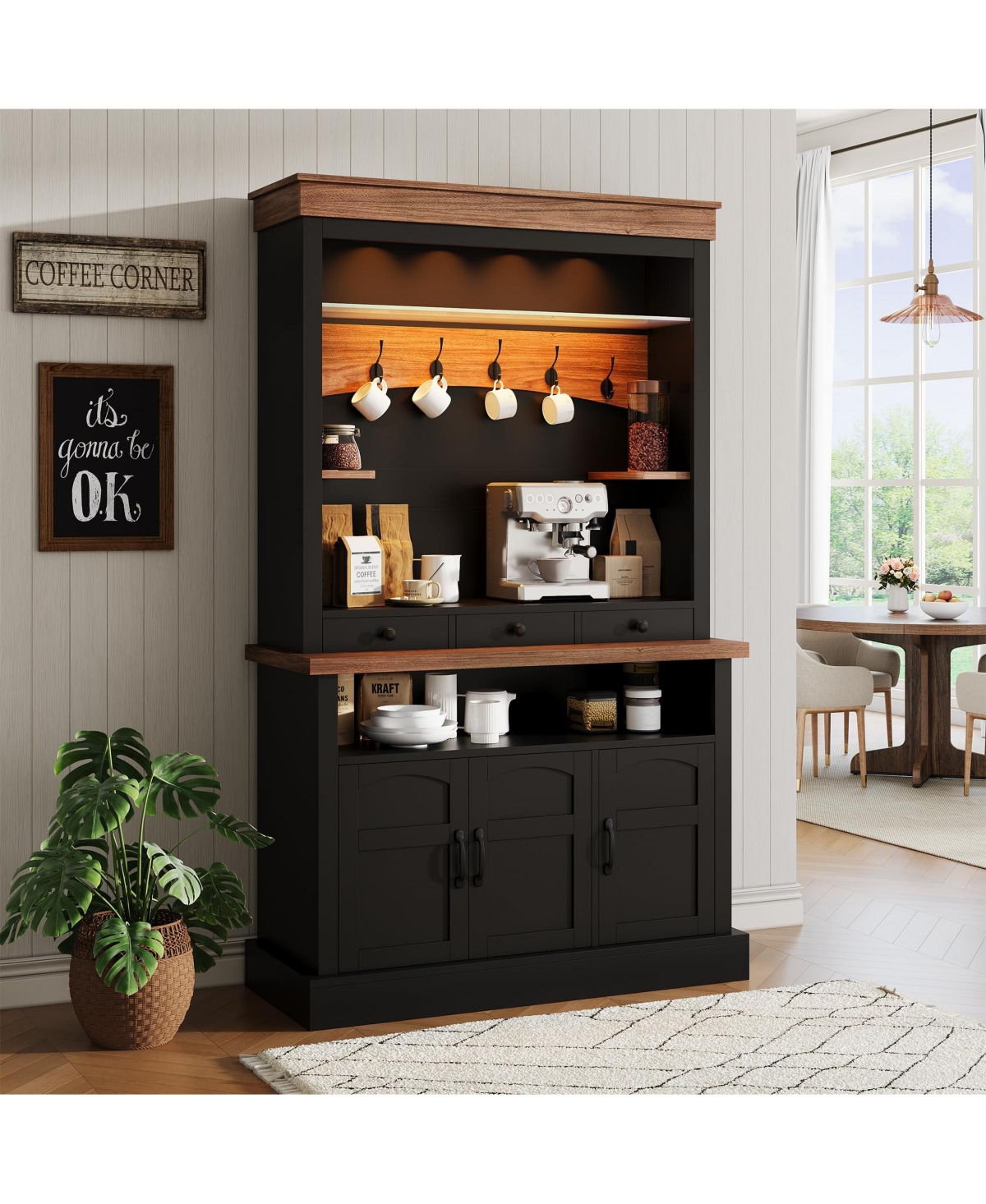Gaomon Coffee Bar Cabinet with Led Light, 72" Tall Farmhouse Hutch Storage, Sideboard Buffet