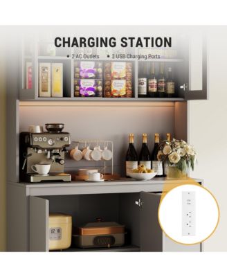 71" Pantry Cabinet with Charging Station,Tall Kitchen Pantry Storage Cabinet with Led Lights