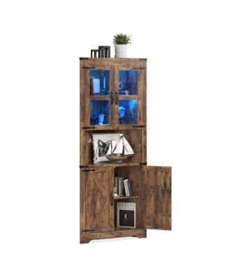 Tall Corner Cabinet, Farmhouse Corner Storage Cabinet with Glass Door & Adjustable Shelves, Space Saving Storage
