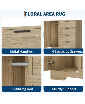 43.3'' Small Wardrobe Closet, Wardrobe Cabinet with Door, 4 Drawers and Handing Rod, Wooden Clothes Cabinet 4 Drawer Dresser