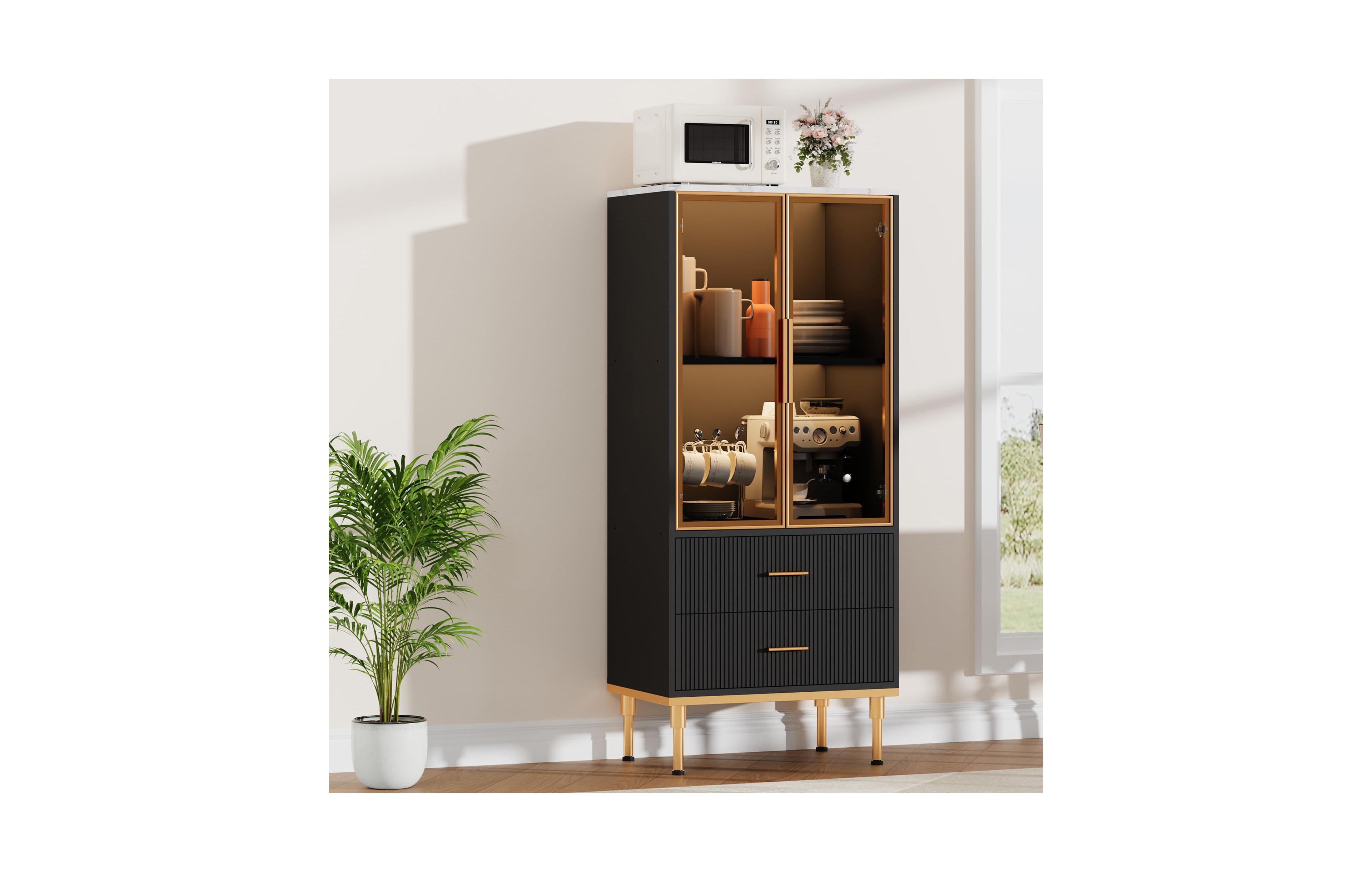 Gaomon Fluted Storage Cabinet with Glass Door and 2 Drawers, Modern Display Storage Cabinet
